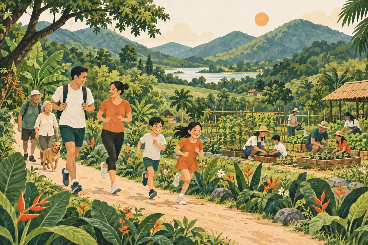 ภาพวาดครอบครัวเดินวิ่งท่ามกลางธรรมชาติและชุมชนร่วมเรียนรู้ในแปลงเกษตร