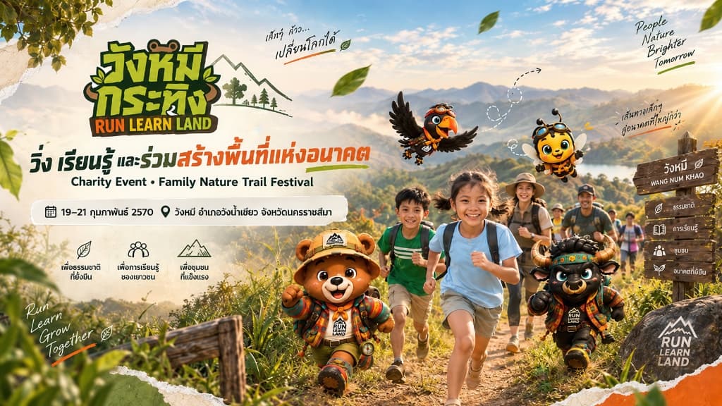 โปสเตอร์หลักโครงการ วังหมีกระทิง RUN LEARN LAND — เดิน–วิ่งสัมผัสธรรมชาติวังน้ำเขียว